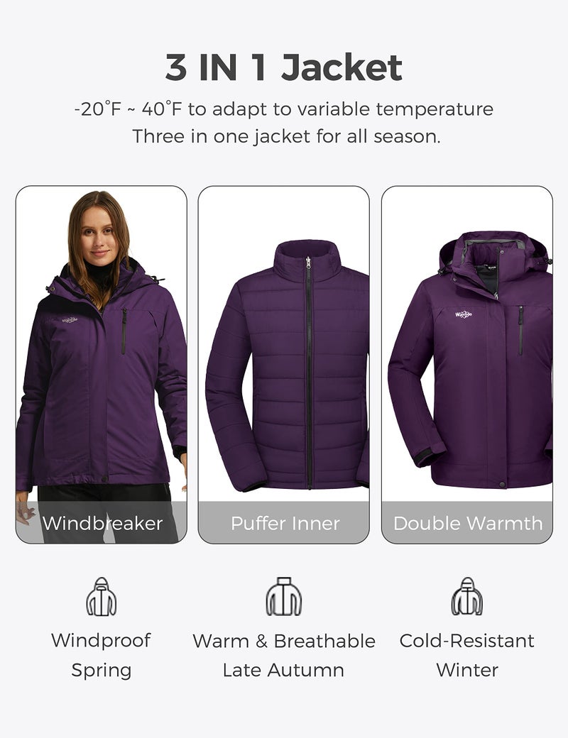 wantdo Women's 3-in-1 Ski Jacket Hooded Snowboarding Jacket Mountain Winter Coat Dark Purple M - Image 3